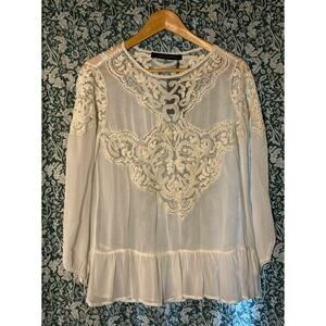 NWT Zara Size S White‎ Lace Boho Hippy Blouse 3/4 Sleeve Feminine 70s